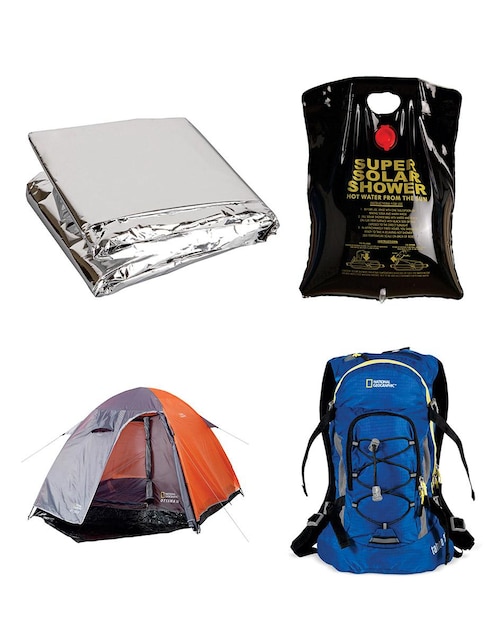 Set de 4 piezas National Gegraphic mochila, casa de campaña, ducha para campamento y manta de emergencia