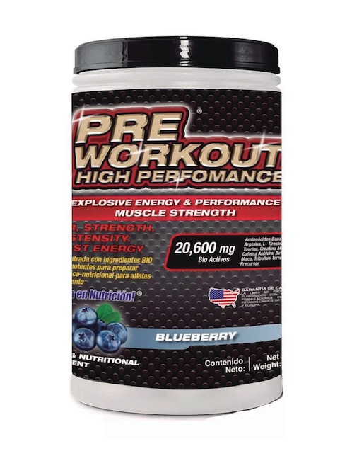 Pre Workout High Performance Food & Nutrition Technologies con aminoácidos y electrolitos sabor mora azul 600 g