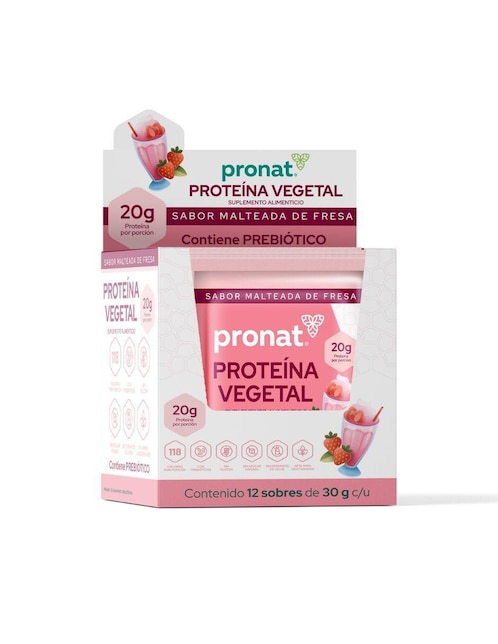 Suplemento proteína vegetal Pronat sabor malteada de fresa caja con 12 sobres 360 ml