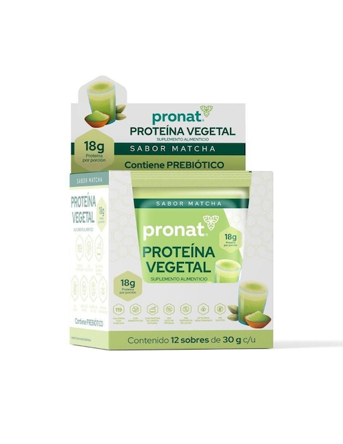 Suplemento proteína vegetal Pronat sabor matcha caja con 12 sobres 360 ml