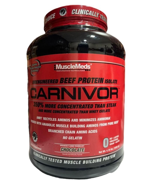 Carnivor beef muscle meds con aminoacidos Musclemeds con proteína whey y creatina monohidratada sabor chocolate