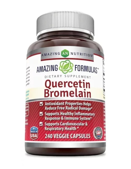 Quercetin Bromelain Amazing Nutrition con quercetina y bromelia sabor natural de 240 cápsulas
