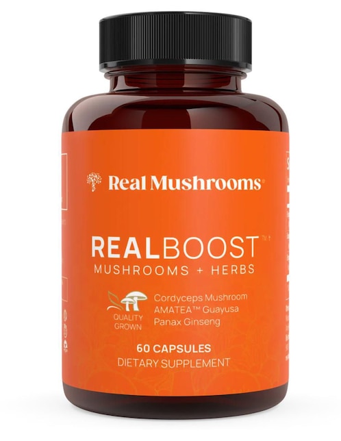 Realboost Real Mushrooms con cordyceps panax ginseng y amatea sabor natural de 60 cápsulas