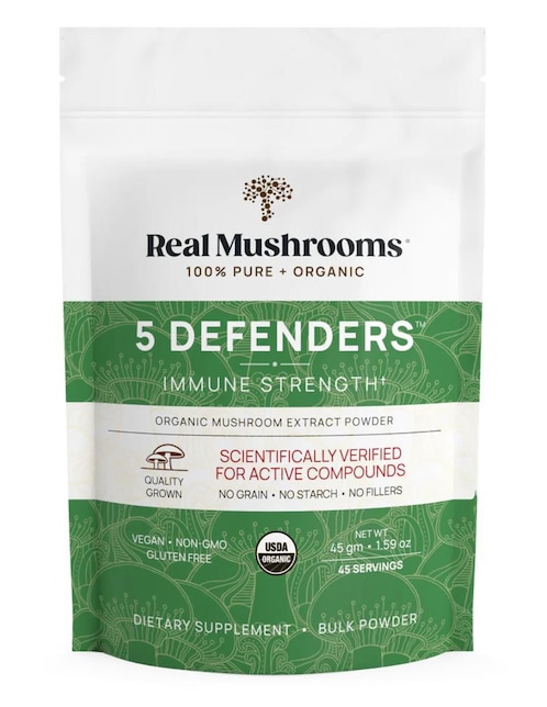 5 Defenders Real Mushrooms con hongos cola de pavo Reishi Maitake Shiitake y chaga sabor natural
