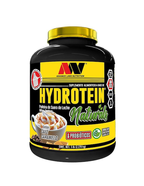 Hydrotein Naturals Advance Nutrition con suero de leche, cocoa natural, lecitina y fruto del monje sabor caramelo