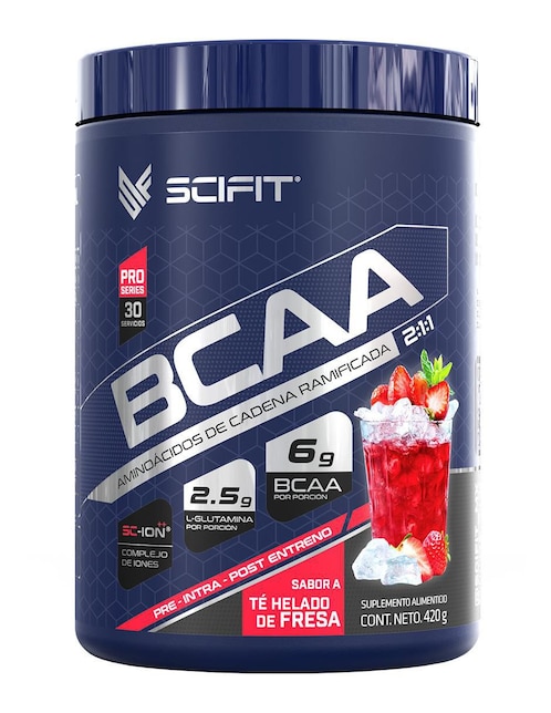Aminoácidos de Cadena Ramificada SciFit BCAA 2:1:1 + Glutamina Té sabor fresa de 420 g