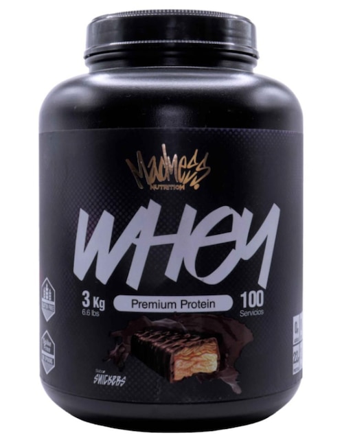 Proteína whey madness suplemento deportivo premium snickers Madness Nutrition con proteína sabor chocolate de 3 kg