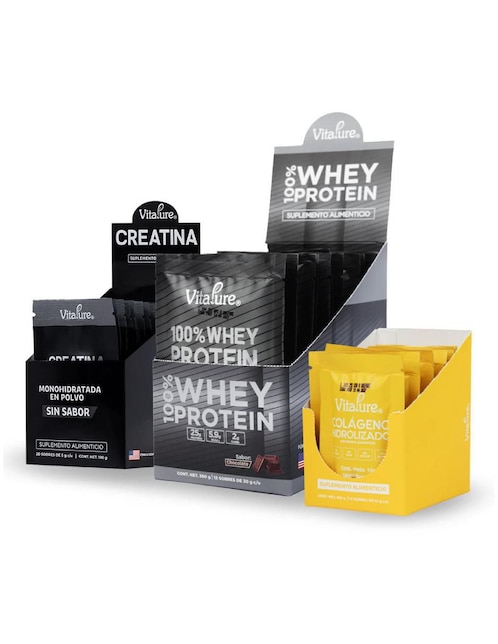 Kit de suplementos alimenticios Combo proteína whey chocolate + creatina + colágeno Vitapure