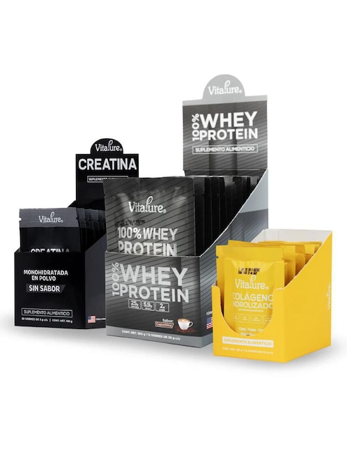 Kit de suplementos alimenticios Combo proteína whey capuchino + creatina + colágeno Vitapure