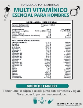 Multivitaminico con Vitamina D 23 vitaminas y minerales para Hombres Beyond Vitamins sabor natural de 60 cápsulas
