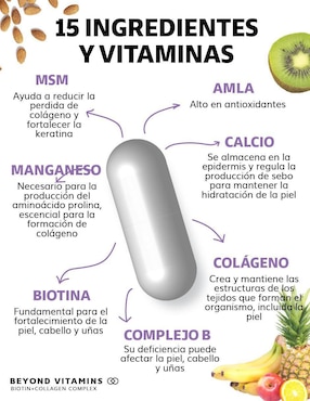 Biotina con Colágeno para cabello piel y uñas Beyond Vitamins sabor natural de 60 cápsulas