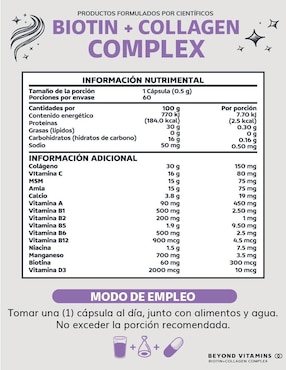 Biotina con Colágeno para cabello piel y uñas Beyond Vitamins sabor natural de 60 cápsulas