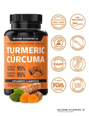 Turmeric con Cúrcuma al 95% y Piperina Beyond Vitamins con turmeric y piperina sabor natural de 60 cápsulas