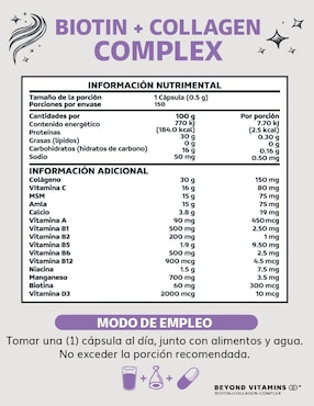Biotina Beyond Vitamins con biotina y colágeno sabor natural de 150 cápsulas