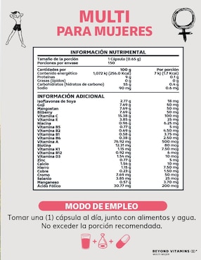 Multivitaminico con vitaminas y minerales para Mujeres Beyond Vitamins sabor natural de 150 cápsulas
