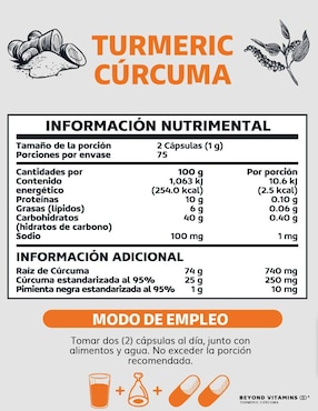 Cúrcuma al 95% y Pimienta negra Beyond Vitamins con turmeric y piperina sabor natural de 150 cápsulas