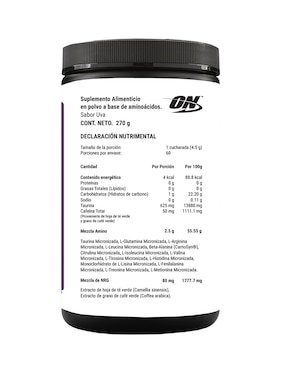 Essential Amin.o. Optimum Nutrition con aminoácidos y electrolitos sabor uva de 270 g