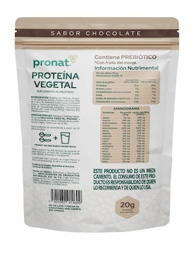 Suplemento proteína vegetal Pronat con proteína de arroz, proteína de chícharo y probióticos sabor chocolate de 400 g