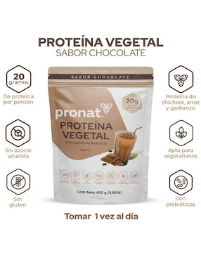 Suplemento proteína vegetal Pronat con proteína de arroz, proteína de chícharo y probióticos sabor chocolate de 400 g
