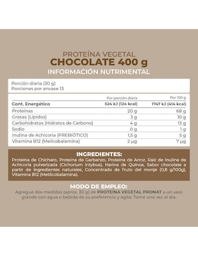Suplemento proteína vegetal Pronat con proteína de arroz, proteína de chícharo y probióticos sabor chocolate de 400 g
