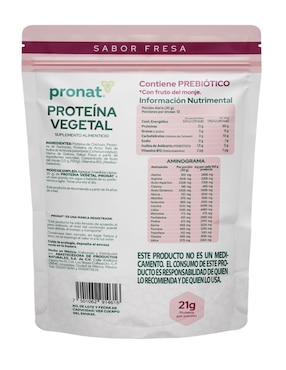 Suplemento proteína vegetal Pronat con proteína de arroz, proteína de chícharo y probióticos sabor fresa de 400 g
