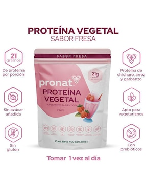 Suplemento proteína vegetal Pronat con proteína de arroz, proteína de chícharo y probióticos sabor fresa de 400 g