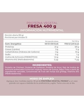 Suplemento proteína vegetal Pronat con proteína de arroz, proteína de chícharo y probióticos sabor fresa de 400 g