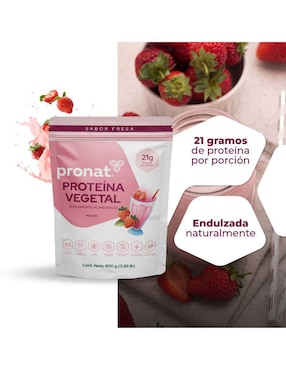 Suplemento proteína vegetal Pronat con proteína de arroz, proteína de chícharo y probióticos sabor fresa de 400 g