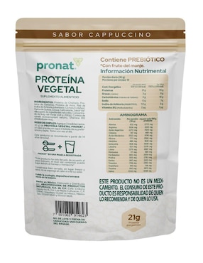 Suplemento proteína vegetal Pronat con proteína de arroz, proteína de chícharo y probióticos sabor capuccino de 400 g