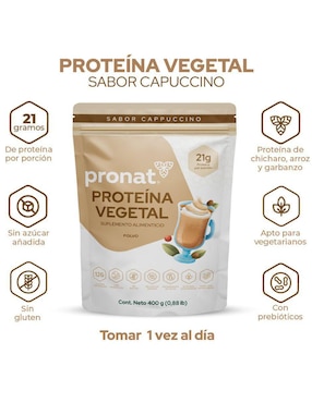 Suplemento proteína vegetal Pronat con proteína de arroz, proteína de chícharo y probióticos sabor capuccino de 400 g