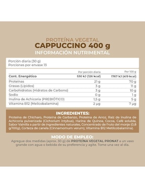 Suplemento proteína vegetal Pronat con proteína de arroz, proteína de chícharo y probióticos sabor capuccino de 400 g