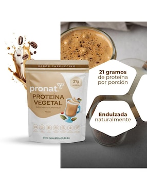 Suplemento proteína vegetal Pronat con proteína de arroz, proteína de chícharo y probióticos sabor capuccino de 400 g
