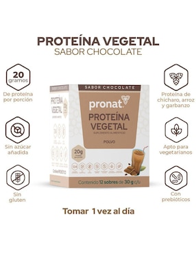 Suplemento proteína vegetal Pronat con proteína de arroz, proteína de chícharo y probióticos sabor chocolate de 30 g