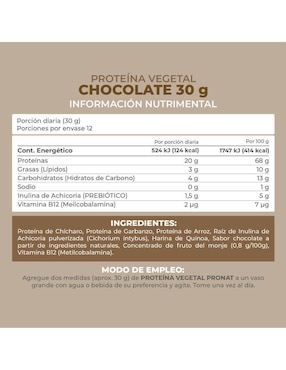 Suplemento proteína vegetal Pronat con proteína de arroz, proteína de chícharo y probióticos sabor chocolate de 30 g