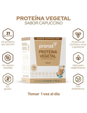 Suplemento proteína vegetal Pronat con proteína de arroz, proteína de chícharo y probióticos sabor capuccino de 30 g