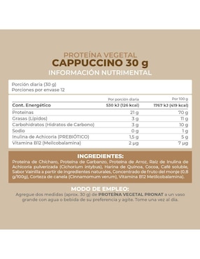 Suplemento proteína vegetal Pronat con proteína de arroz, proteína de chícharo y probióticos sabor capuccino de 30 g