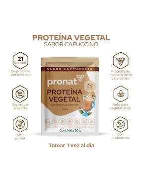 Suplemento proteína vegetal Pronat con proteína de arroz, proteína de chícharo y probióticos sabor capuccino de 30 g