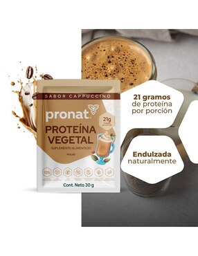 Suplemento proteína vegetal Pronat con proteína de arroz, proteína de chícharo y probióticos sabor capuccino de 30 g