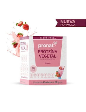 Suplemento proteína vegetal Pronat con proteína de arroz, proteína de chícharo y probióticos sabor fresa de 30 g