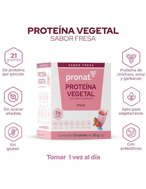 Suplemento proteína vegetal Pronat con proteína de arroz, proteína de chícharo y probióticos sabor fresa de 30 g