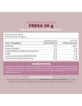 Suplemento proteína vegetal Pronat con proteína de arroz, proteína de chícharo y probióticos sabor fresa de 30 g