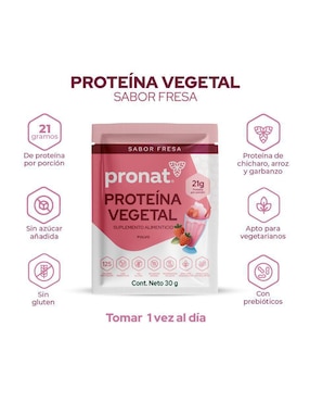 Suplemento proteína vegetal Pronat con proteína de arroz, proteína de chícharo y probióticos sabor fresa de 30 g