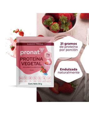 Suplemento proteína vegetal Pronat con proteína de arroz, proteína de chícharo y probióticos sabor fresa de 30 g