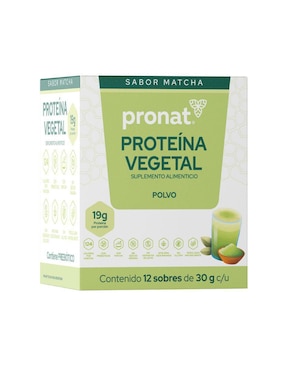 Suplemento proteína vegetal Pronat con proteína de arroz, proteína de chícharo y probióticos sabor matcha de 30 g