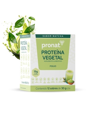 Suplemento proteína vegetal Pronat con proteína de arroz, proteína de chícharo y probióticos sabor matcha de 30 g