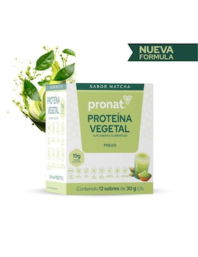 Suplemento proteína vegetal Pronat con proteína de arroz, proteína de chícharo y probióticos sabor matcha de 30 g