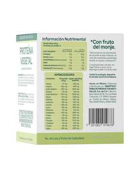 Suplemento proteína vegetal Pronat con proteína de arroz, proteína de chícharo y probióticos sabor matcha de 30 g