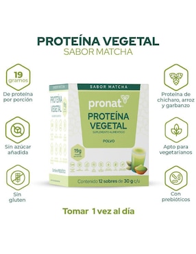 Suplemento proteína vegetal Pronat con proteína de arroz, proteína de chícharo y probióticos sabor matcha de 30 g