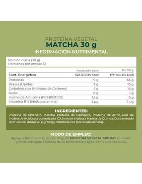 Suplemento proteína vegetal Pronat con proteína de arroz, proteína de chícharo y probióticos sabor matcha de 30 g