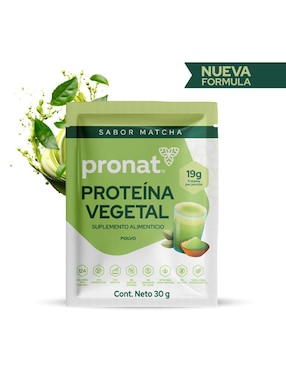 Suplemento proteína vegetal Pronat con proteína de arroz, proteína de chícharo y probióticos sabor matcha de 30 g